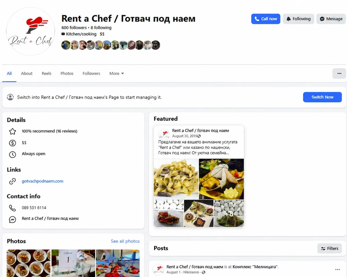 Rent a Chef Facebook page managed by Yanev Group