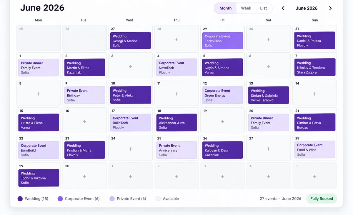 Online booking calendar on the Rent a Chef website
